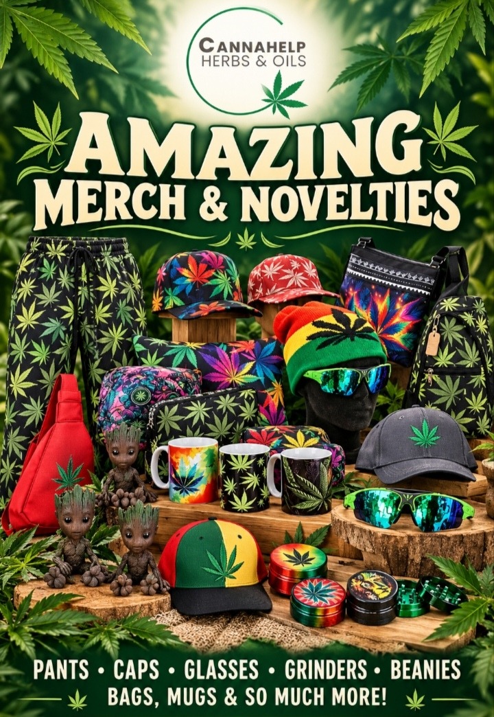 CannaHelp merch and novelties: pants, caps, glasses, grinders, beanies, bags and mugs